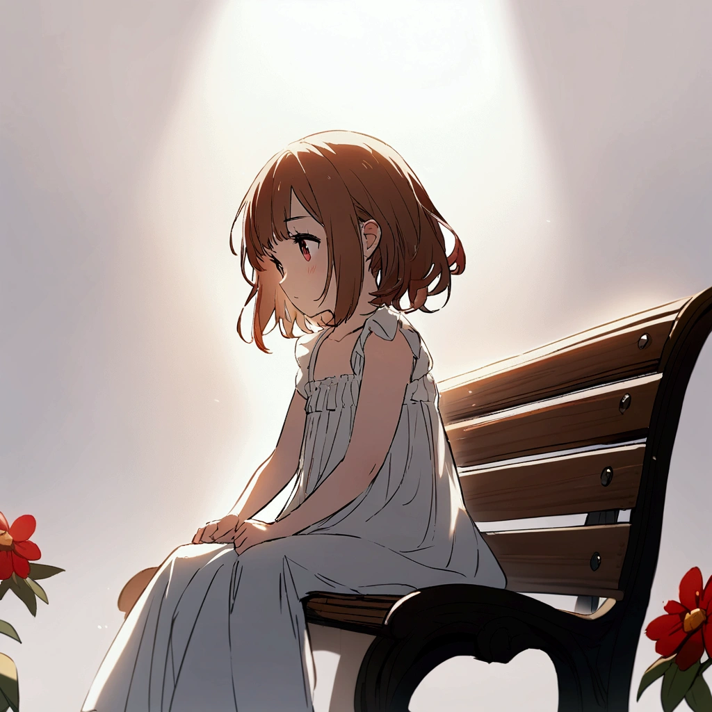 Light gray background Red flower Girl sitting on a bench simple Brown hair, short, light shining through