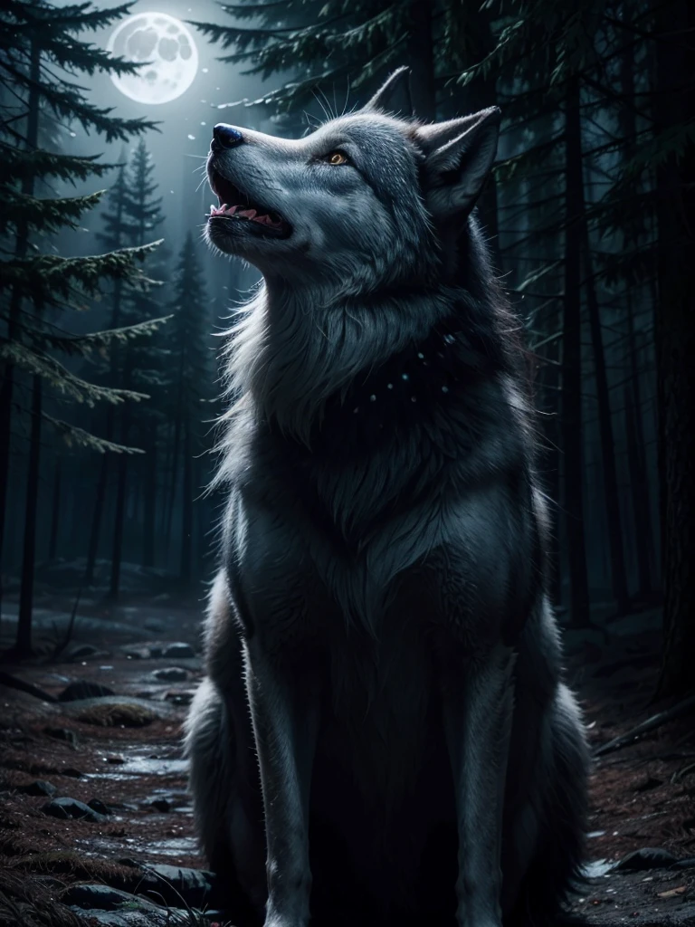 a majestic wolf howling at the full moon in a beautiful dark mystical forest, moonlight shining through the trees, dramatic lighting, cinematographic composition, 8k, unreal engine, Very detailed, photorealistic, hyperrealistic, dramatic lighting, moody atmosphere, dramatic shadows, vibrant colors, bright Eyes, fur with intricate details, nature, night sky with stars, fog, depth of field