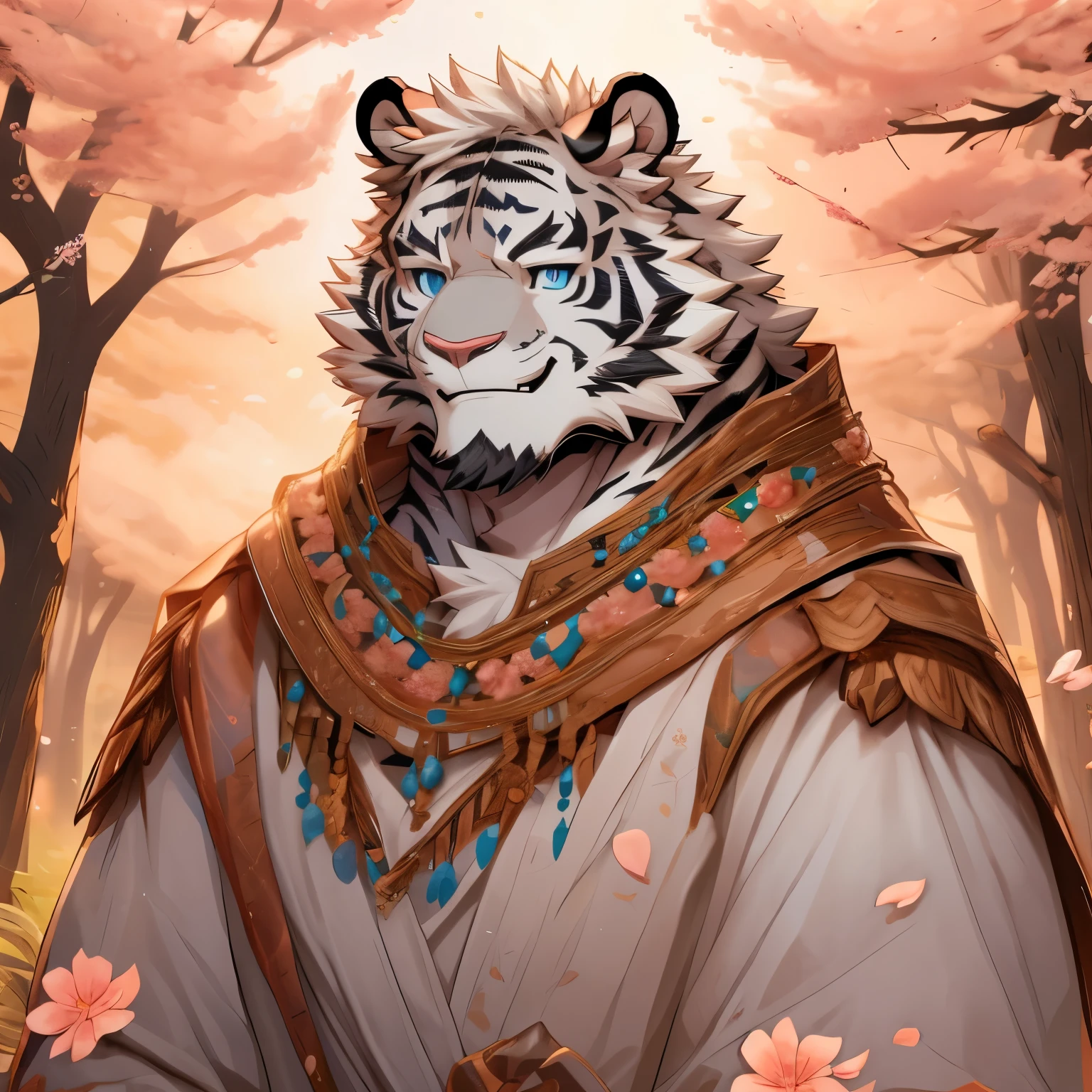 White fur,black strips,white tiger,medium height,Thin body type,Peach Blossom,White hair,Silver necklace,white tiger Orc,short hair,Smile,Solid wood house background,Croak,Peach Blossom Petals,male,Blue eyes,White robe,Peach Blossom Opens,Anime eyes,Blue Eyes