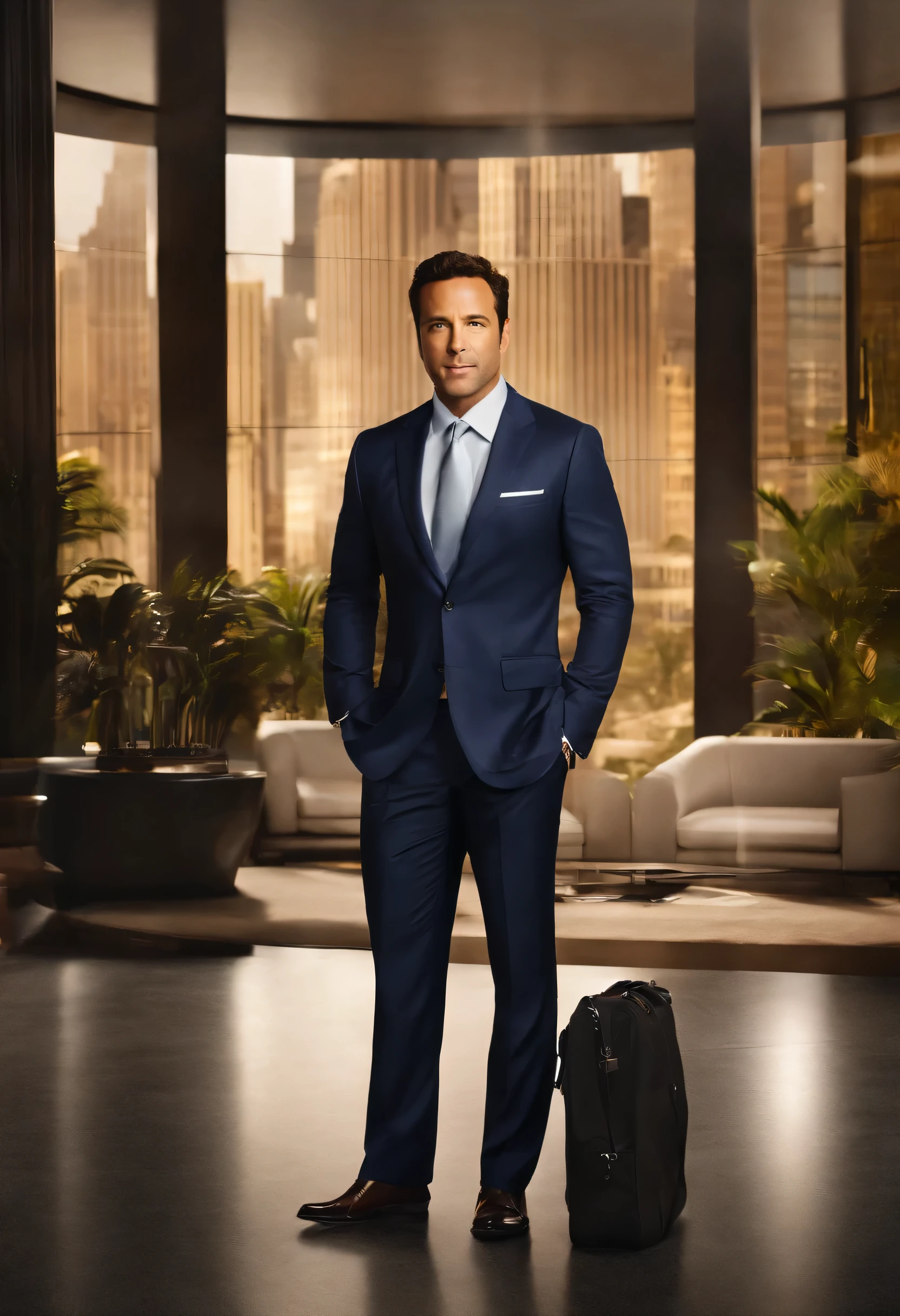 Ari is standing in the middle of a chaotic trading floor, shouting orders and pointing at graphs on the screens.,Entourage,Ari Gold, the fictional talent agent from “Entourage,” is known for his sharp, polished appearance, often seen in designer suits that complement his fast-paced, high-powered lifestyle in Hollywood. He has a confident, assertive demeanor, characterized by his brisk walk and intense, focused expressions. , male