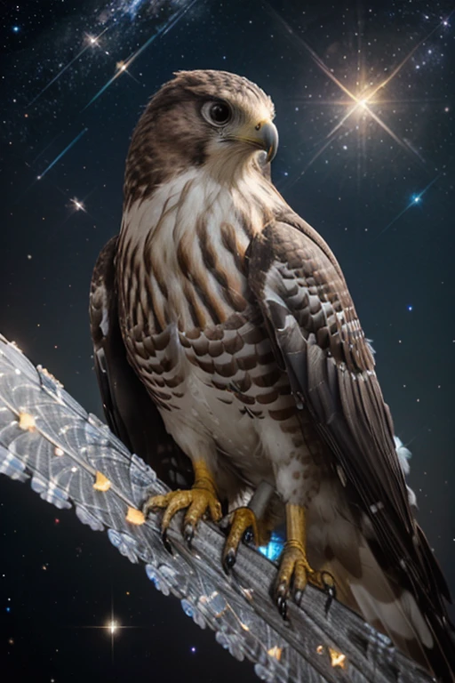 In the mystical beauty of space you can see a Celestial Hawk with a sleek, powerful build and feathers adorned with intricate celestial patterns. These patterns include constellations, cosmic dust, and shimmering stardust that catch the light and give the bird an otherworldly glow. Its eyes are deep and luminous, shining with the wisdom and mysteries of the universe.