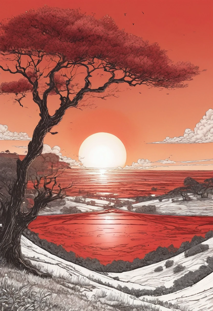 ultra detailed illustration, landscape scenery, sun setting, sunset red, surreal illustration - ar 3:4 - s 200 - v 5.2