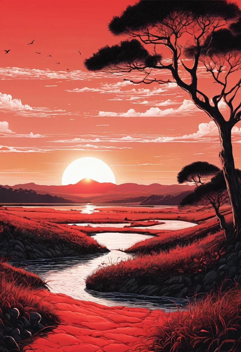 ultra detailed illustration, landscape scenery, sun setting, sunset red, surreal illustration - ar 3:4 - s 200 - v 5.2