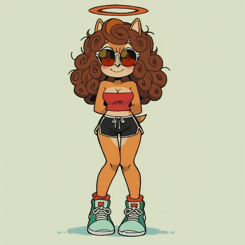 score_9, score_8_up, solo, mobian, hedgehog, two-tone fur ((orange fur, brown fur)), pyjama elastic shorts, strapless crop top, cleavage, high-top sneakers, two-tone hair (brown hair, black tip)), curly hair, halo, sunglasses, jewelry, red eyes, longeyelashes, red eyes, smile, shy, blush