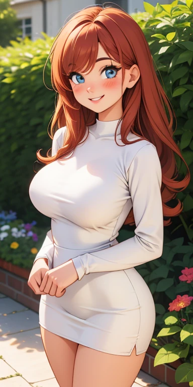 masterpiece, best quality, half body, woman, 22 years old, (curvy:0.6), long ginger hair, parted bangs, blue eyes, (large breasts), smile, blush, white dress, long sleeves, bare legs, garden