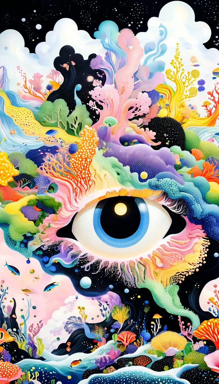 Broto art style，Strong visual fusion of multiple elements，来自Star的艺术家，Colorful black，Dopamine color scheme，house、Eye、pearl珠帘、Plerogyra sinuosa、Soft coral、pearl、Star、cloud、Schools of colorful fish、Spore powder、Tentacles，Describing the inner world of autistic people，密集Pointillism method。Smooth lines。interesting，Strange illustration。Pointillism method。Strong contrast。Award-winning works。