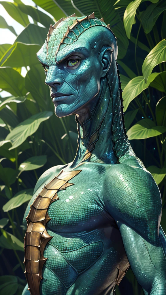 Tall and slender, reptilian body, ((Blue-brown skin)), Armor Shell, (masterpiece, Highest quality), (Green Eyes), (Ultra-realistic:1.6), ((Detailed face)), ((Award-winning)), (sharp), (8k resolution), (Cinema Lighting)