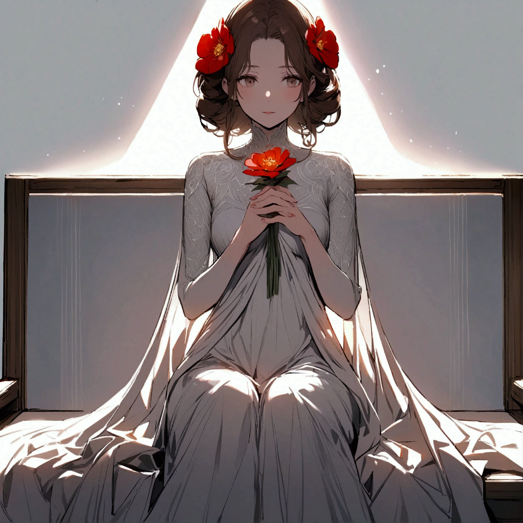 Light gray background　Red flower　woman sitting on a bench　simple　Brown hair, short, light shining through