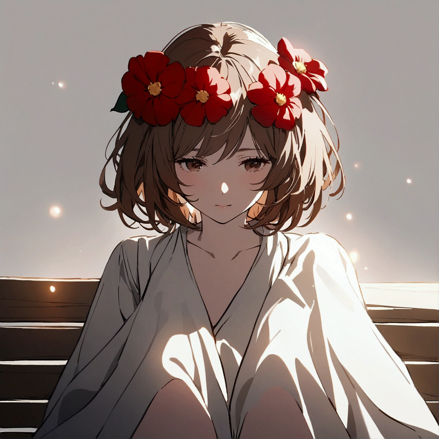 Light gray background　Red flower　woman sitting on a bench　simple　Brown hair, short, light shining through