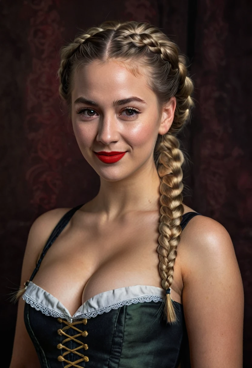 a young woman with a french braid, wearing a dirndl, topless with natural breasts, all natural, naked, and a bollenhut, red lipstick, winking with one eye, dark background, 8k, hyper detailed, photorealistic, full body shoot, classical art, renaissance painting, chiaroscuro lighting, HDR, photo realistic