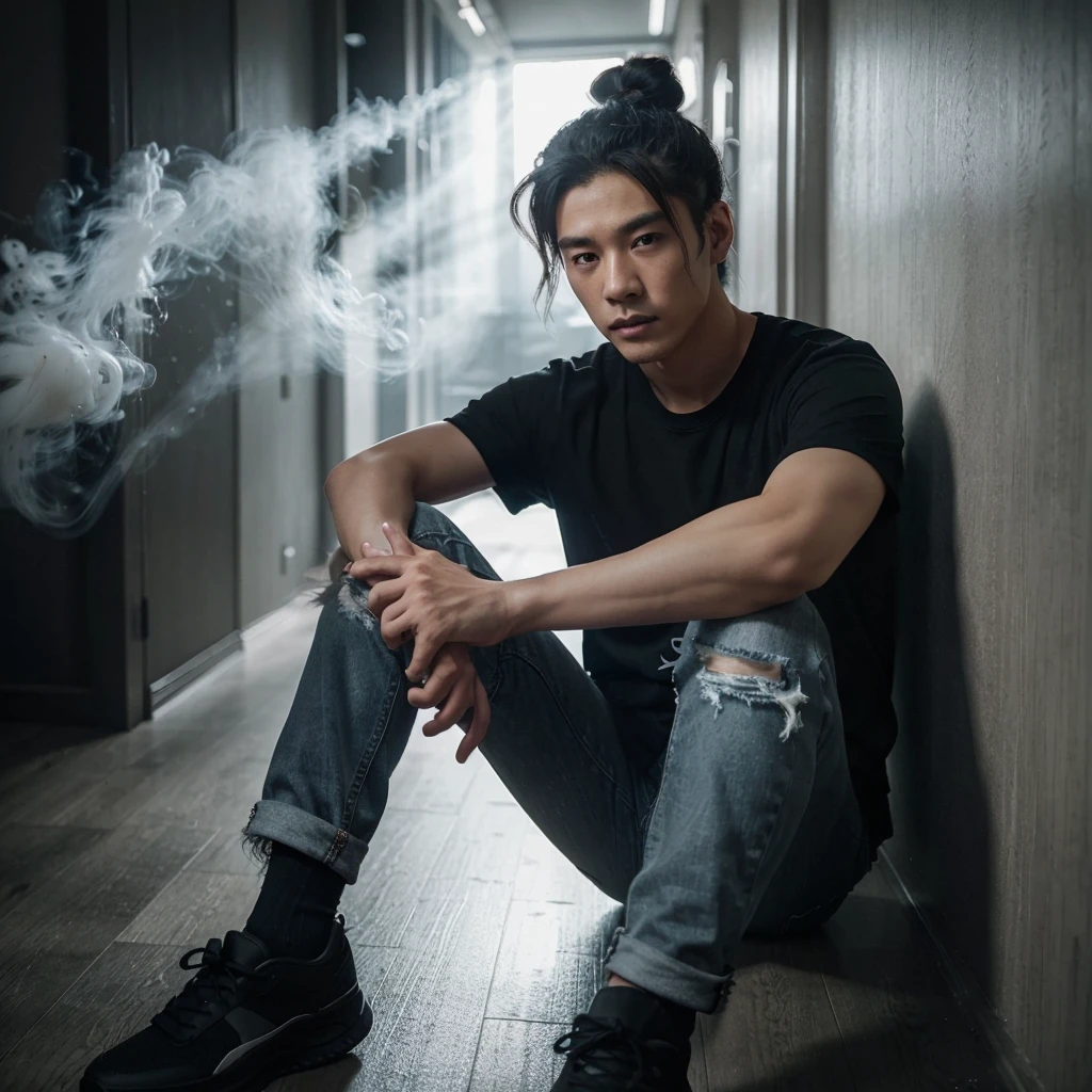 a handsome korean man with bun wavy hairstyle, ideal height,wearing a black t-shirt and long torn jeans, sneakers sitting leaning against the end of a quiet, dark hallway with a little light, smoke effect, white effect on, and cool streaks and looks real on the wall, slightly gloomy scene, without a gloomy , very real, very real background, cinematic, photographic