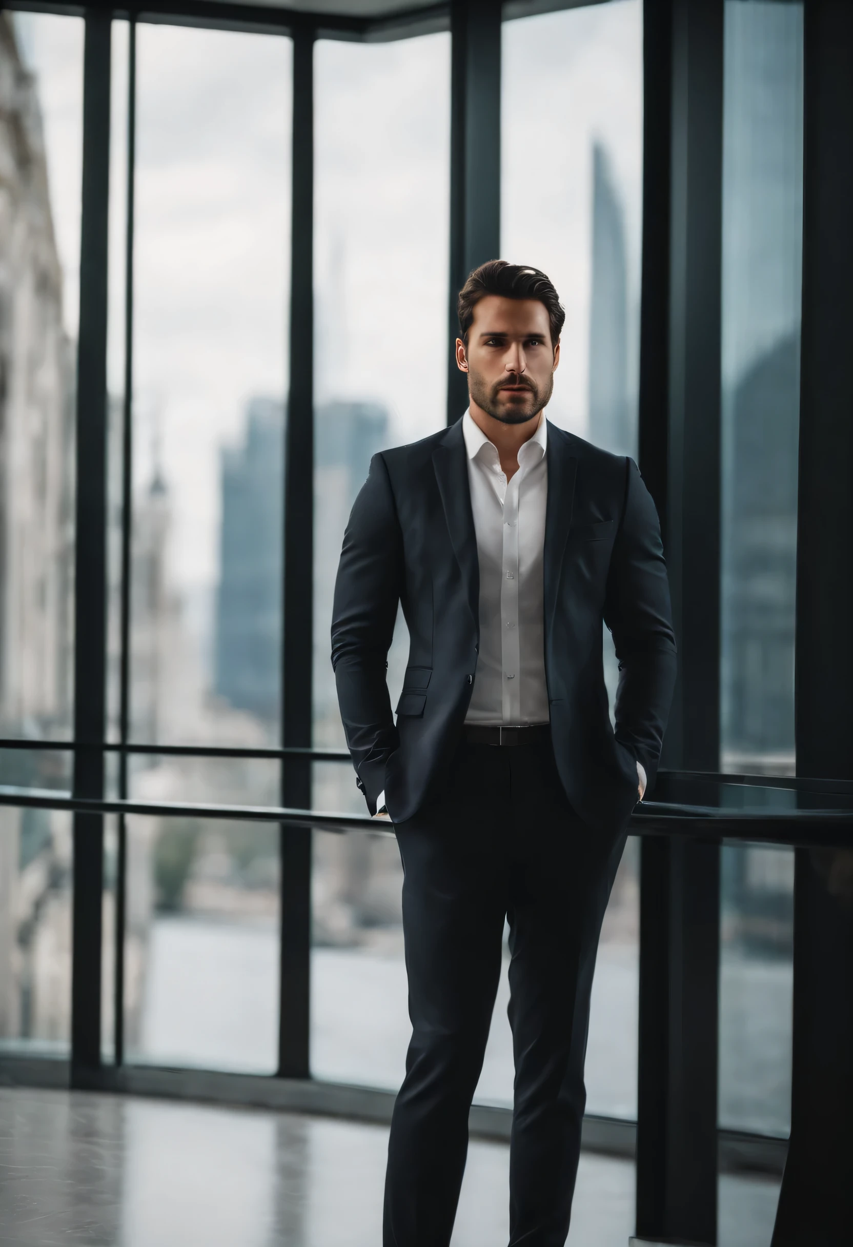 A very handsome man, 29 years old, dark brown hair, Italian origin, wears suit, stands alone, pensive, inside a large, elegant and modern office room, looking out the window, the buildings in the city by day