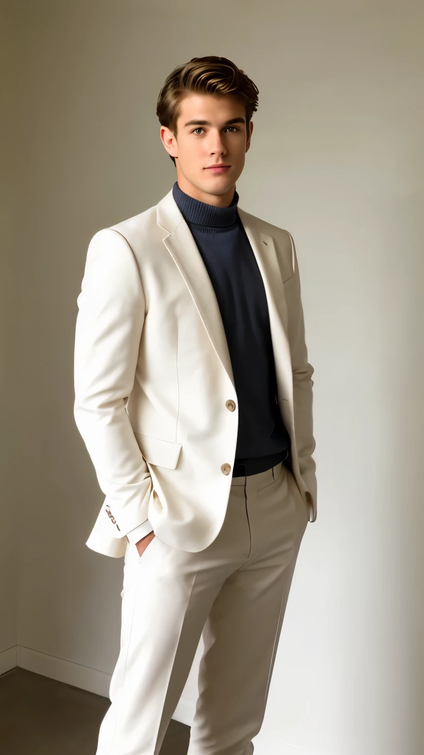 Best quality image: A full-body photo,sideways,Handsome man in his early 20s、Handsome European man in his 20s、Like gay handsome guy、Please face forward、Male in his early 20s、Brown short hair,Suit,White shirt,Hands in pockets,Simple background,White background,He stood on a clean, Neat background. Clear image details,Relaxed natural texture. The lighting is very cinematic, Casting a soft and bright light on his muscular face, Enhance the depth and dimension of your photos.