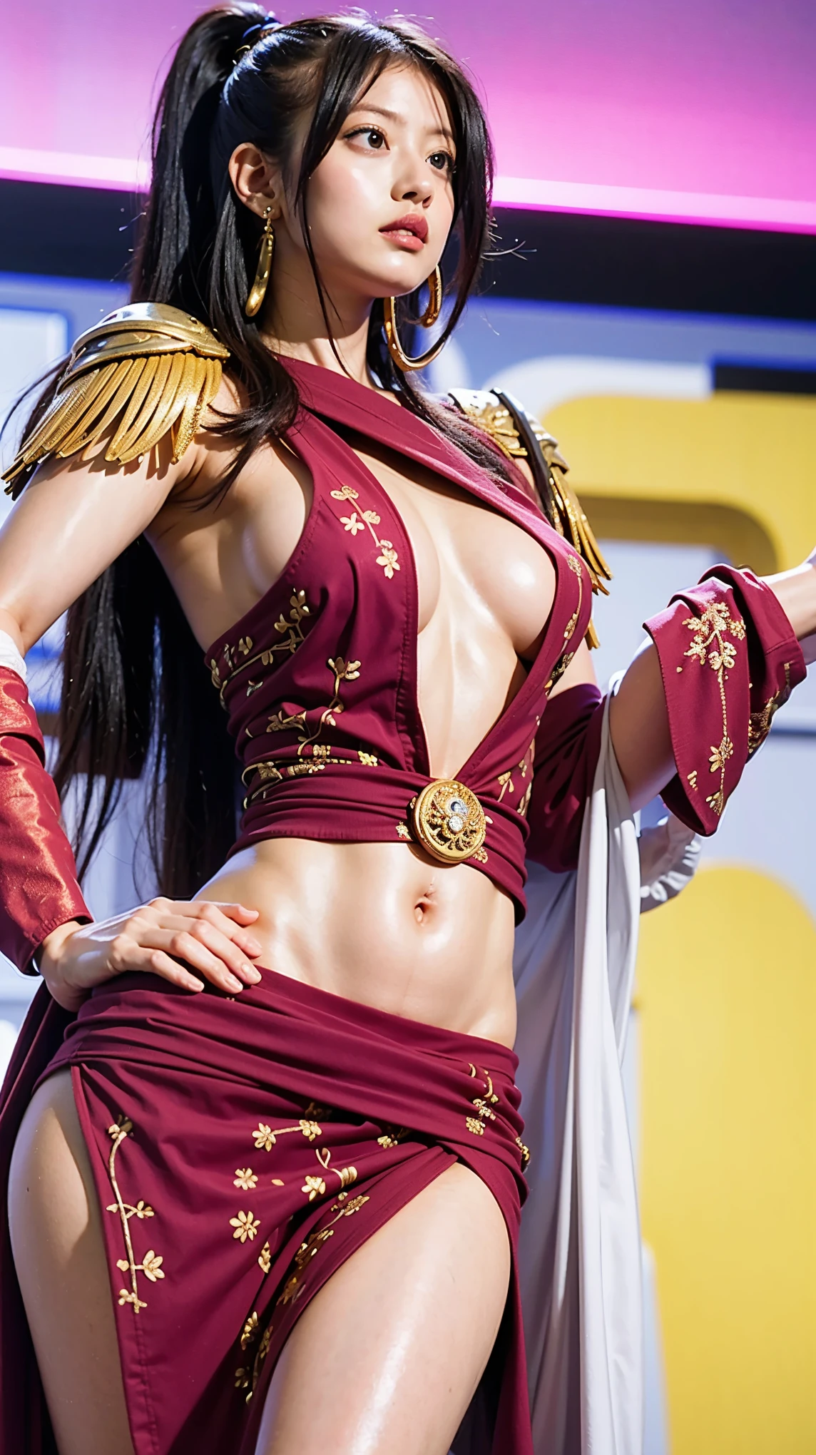 Moisturized skin, (Pink and bright eyes), (Looking down on people), Perfect body,
BREAK,
(Beautiful navel), (Side slit), (Epaulets), Cape, Crop top, Cloak,
BREAK,
(Super long hair), (Large gold and curved earrings: 1.2),
BREAK,
(((Masterpiece + Best quality + High resolution + Very detailed))), (Full body: 1.2), Symmetrical, One shot,
BREAK,
(On the ship: 1.3),
BREAK,
(ONE PIECE), (Imada Mio: 1.4), (Boa Hancock: 1.3), ((Large snake)),