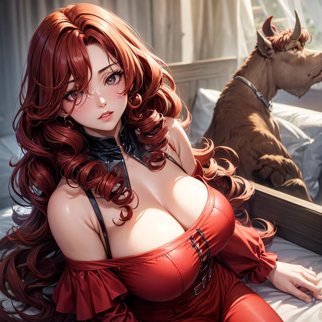 shoulder length red curly hair, cattle, big black eyes, Plump lips, Shoulder-length photos