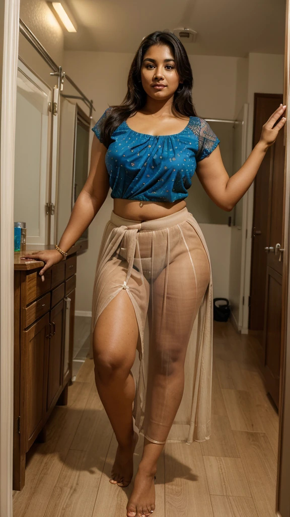 a 25-year-old man curiosily lifting the skirt of a radiant, full-figured South Indian 45 year old teacher wearing a net under skirt and blouse in dressing room, captured in a full-body image with vibrant hues and meticulous details. Full body image