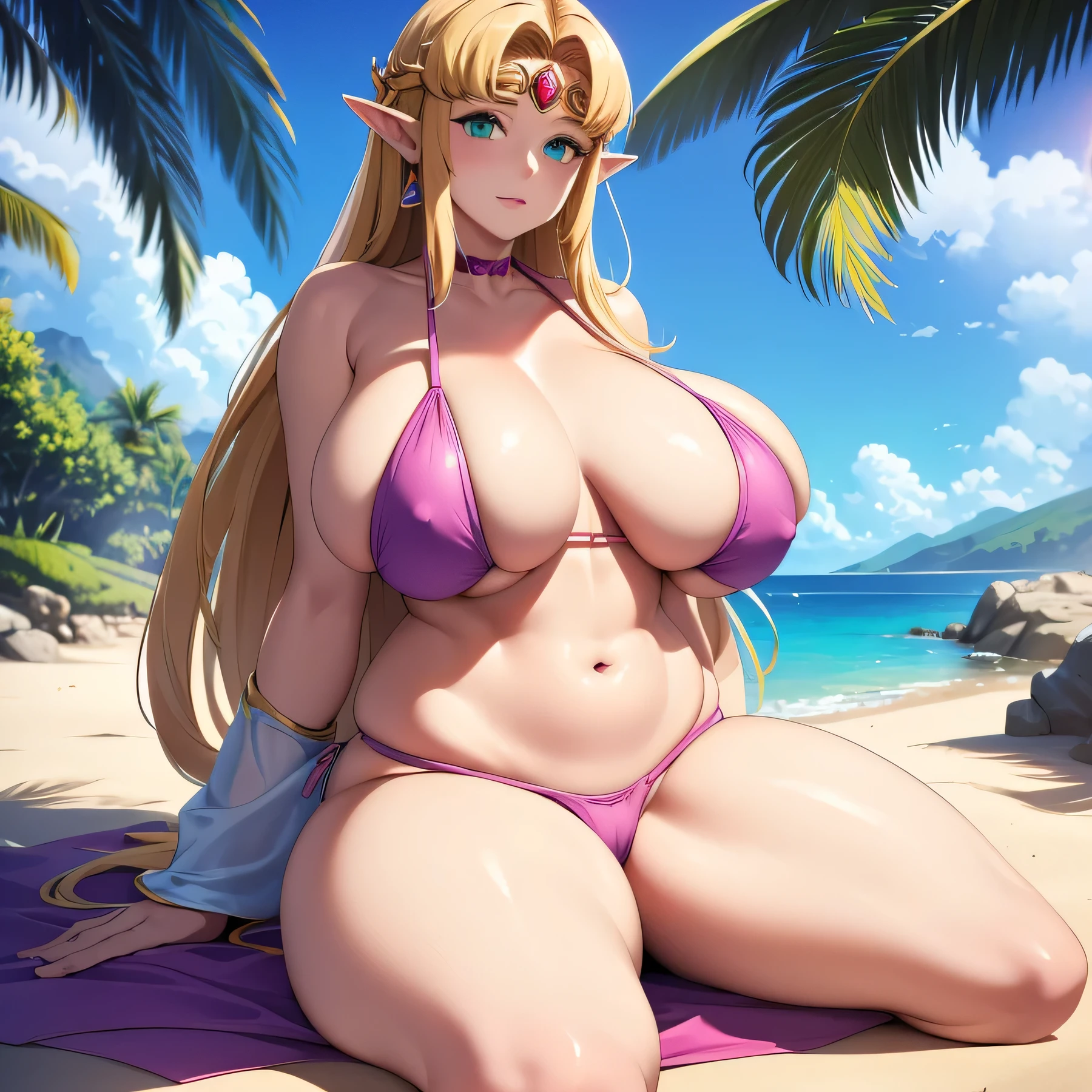 NSFW]Imagine Princess Zelda, wearing only a sexy spicy 2-piece mini bikini, her huge butt,massive ass, she has a very exaggeratedly fat ass, and very big tits, the purple and pink mini bikini , with everything exposed, she is not wearing clothes, she is naked simply wearing the bikink, posing sensually with a highly voluptuous body, with an exaggeratedly large and round ass, like her tits, but very attractive and bright green eyes, small set of bikini in the middle of an idyllic landscape. She has a small waist and wide hips, she enjoys the water while she poses on her back with her gaze fixed on the camera while she winks at him seductively, on a sunny day. The style of the image combines realism with an animated touch, captured with an artistic quality that makes it ideal as a wallpaper in 18K resolution for cell phones. The natural lighting highlights every detail of her, presenting her in a general shot that shows her full and attractive figure, full body image (masterpiece:1.2, Best quality at best:1.2, beautiful, high quality, High resolution:1.1, Aesthetic), Detailed pubic hair, Highly detailed, soft ambient lighting, 4k, perfect eyes , it's the perfect face, perfect lighting, 1个 Giant breast girl, Alone, big and huge breast, willow waist, wide hips, thick thigh, beautiful curves, sitting, looking at the viewer, zelda lying face down on the floor, zelda lying face down on the floor, zelda lying on the seashore, face down, Zelda lying face down on the floor, relaxing