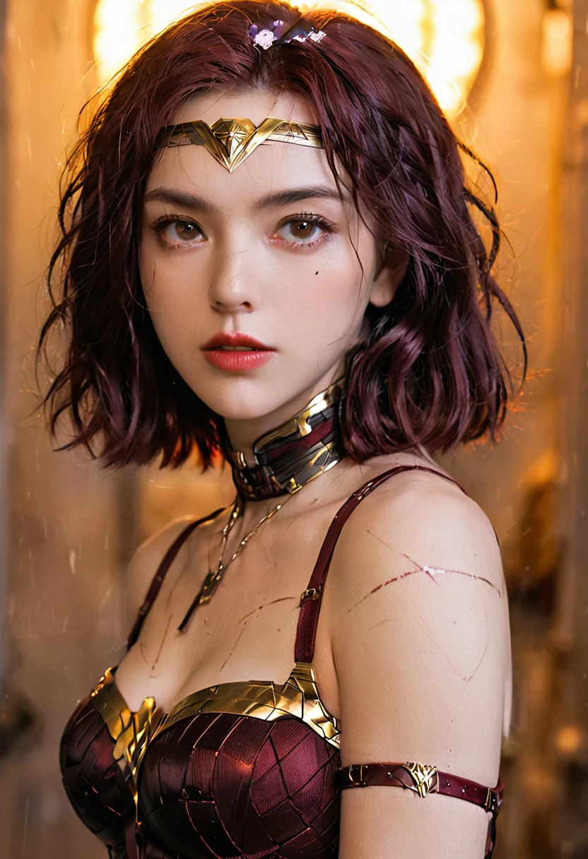 Scarlett Johansson, (bandage:1.3), (:1.1), Beautiful Body, Beautiful breasts, shorts, Burgundy hair, Role Playing Wonder Woman, shot on Digital SLR Camera, detailed face, Cinematography, Maximum details, Neutral colors, HDR, Soft colors, Soft lighting, Crazy details, Intricate details, hyperdetailed, masterpiece, 8K, wallpaper, (detailed), high quality, ((high detailed skin, Skin details)), Clear focus, 8K uhd, Digital SLR Camera, Film Grain