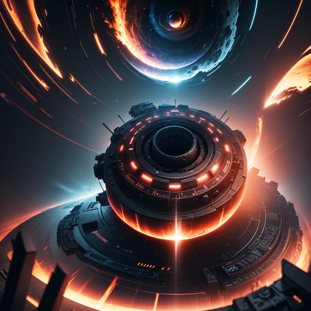 technology, black hole vortex with giant engine pistons, abstract concept art, 8k, cinematic, epic, dramatic, particles, bright lighting, masterpiece