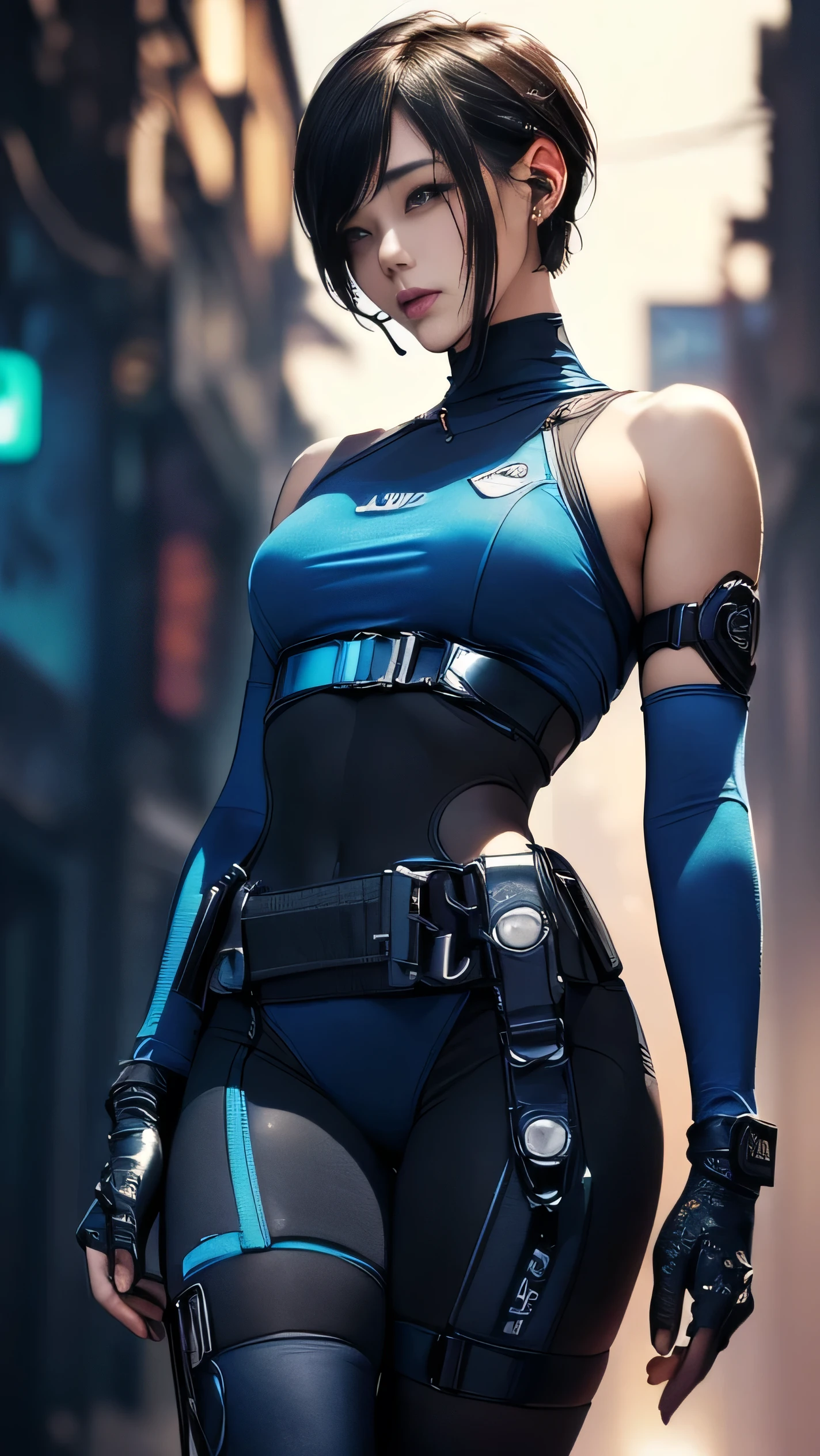 (A woman),(((A female member of the Future Force stands))),((Shiny dark blue tactical tights:1.5)),((earphone:1.5)),((Tactical Holster:1.5)),(Gloves:1.5),(Serious:1.5),(Super short hair:1.5),(beautiful eyes:1.3),(Very detailedな顔:1.5),((Very detailed drawing of a female hand:1.5)),(((muscular:1.5))),((Sexy appearance:1.5)),((Thick thighs:1.5)),(Beautiful Body:1.5),((Very sensual:1.5)),(The backdrop is a futuristic city:1.5),(Cyberpunk atmosphere:1.5),(((Blurred Background:1.5))),(Written border depth:1.5),rest(((masterpiece:1.5),(best quality:1.5),(Very detailed:1.5),(high resolution:1.5),(Practical:1.5),(Practical:1.5),(Delicate depiction),(Carefully drawn))),8k,wallpaper