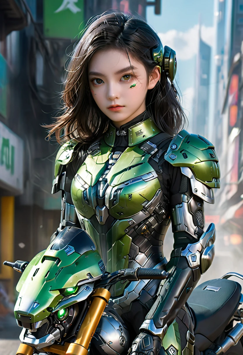 Highest image quality, Outstanding details, Ultra-high resolution, (realism: 1.4), Best example, Favor the details, Highly concentrated 1girl, Beautiful face, Wearing black and green armor, Wearing a mecha helmet, Handheld directional controller, Riding a motorcycle, The background is a high-tech lighting scene of a future city.