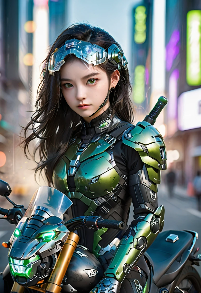 Highest image quality, outstanding details, ultra-high resolution, (realism: 1.4), the best illustration, favor details, highly condensed 1girl, with a delicate and beautiful face, dressed in a black and green mecha, wearing a mecha helmet, holding a directional controller, riding on a motorcycle, the background is a high-tech lighting scene of the future city.