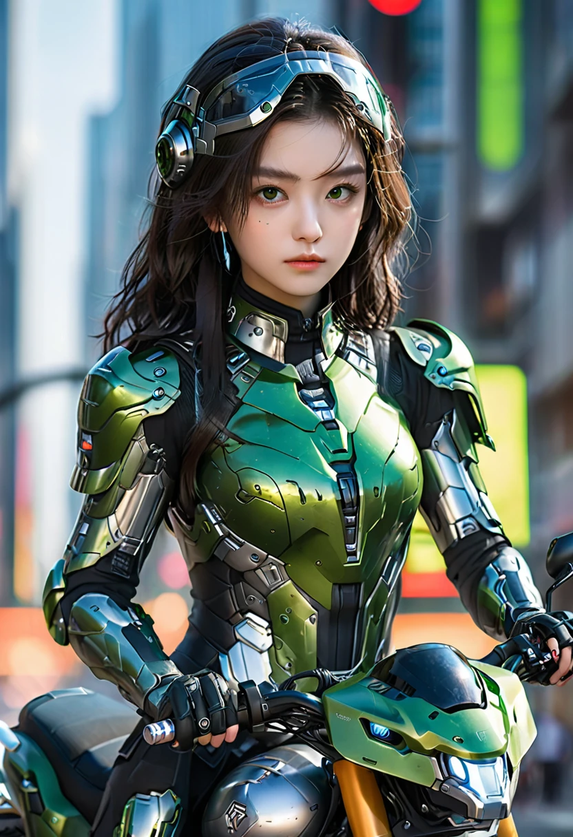 Highest image quality, Outstanding details, Ultra-high resolution, (realism: 1.4), Best example, Favor the details, Highly concentrated 1girl, Beautiful face, Wearing black and green armor, Wearing a mecha helmet, Handheld directional controller, Riding a motorcycle, The background is a high-tech lighting scene of a future city.