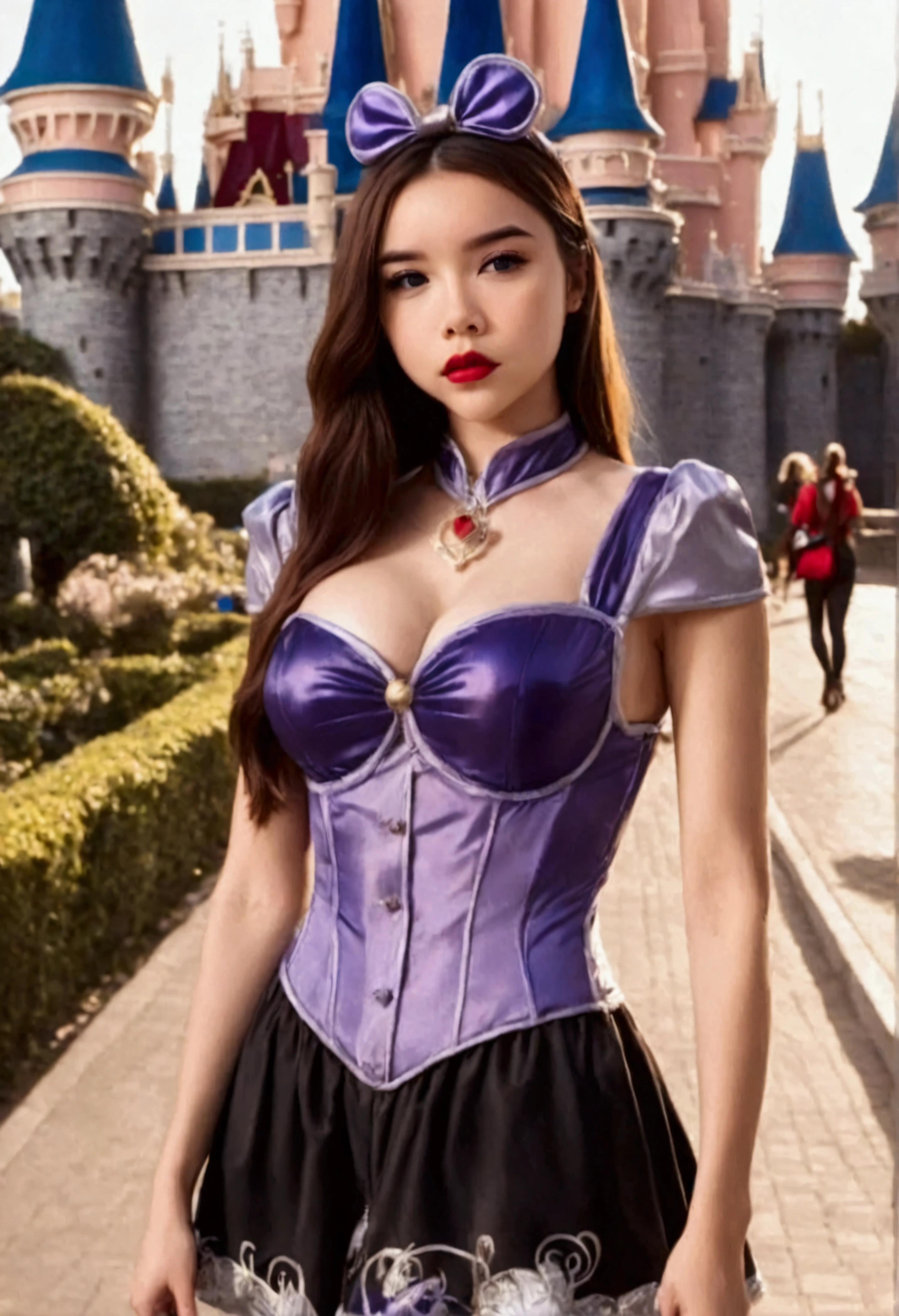 a cute woman, young woman, 25 years old, disney character themed outfit, sexy outfit, glamorous poses, fashion show, on the runway, in the spotlight, full body shot, detailed facial features, beautiful eyes, long eyelashes, detailed lips, high quality, 8k, photorealistic, masterpiece, vivid colors, studio lighting, concept art, fantasy, disney, digital painting
