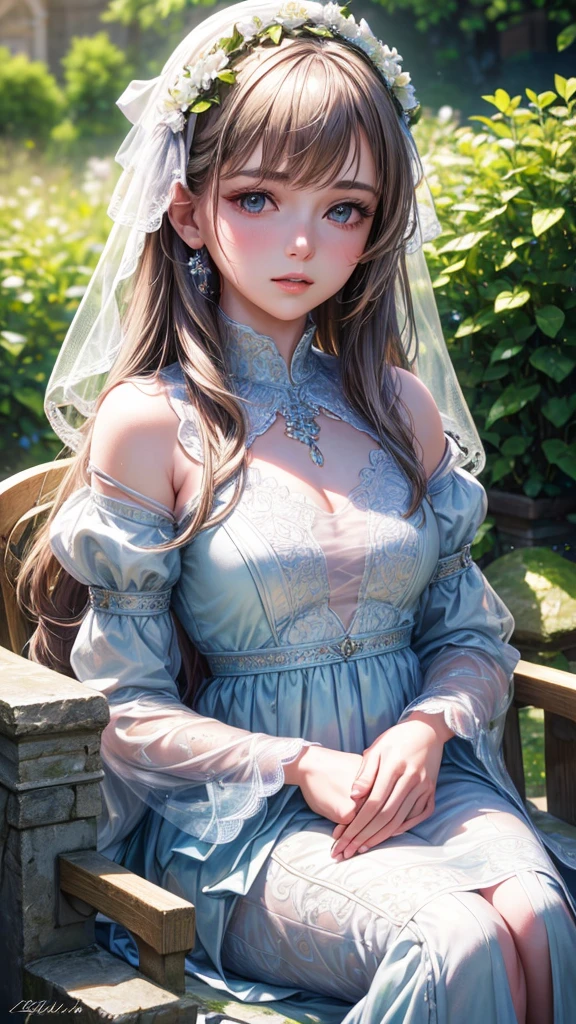 A young girl in a garden, beautiful detailed eyes, beautiful detailed lips, extremely detailed eyes and face, long eyelashes, delicate porcelain skin, serene expression, flowing white dress, sitting on a stone bench, surrounded by lush greenery and colorful flowers, (best quality,4k,8k,highres,masterpiece:1.2),ultra-detailed,(realistic,photorealistic,photo-realistic:1.37),HDR,UHD,studio lighting,ultra-fine painting,sharp focus,physically-based rendering,extreme detail description,professional,vivid colors,bokeh,portrait