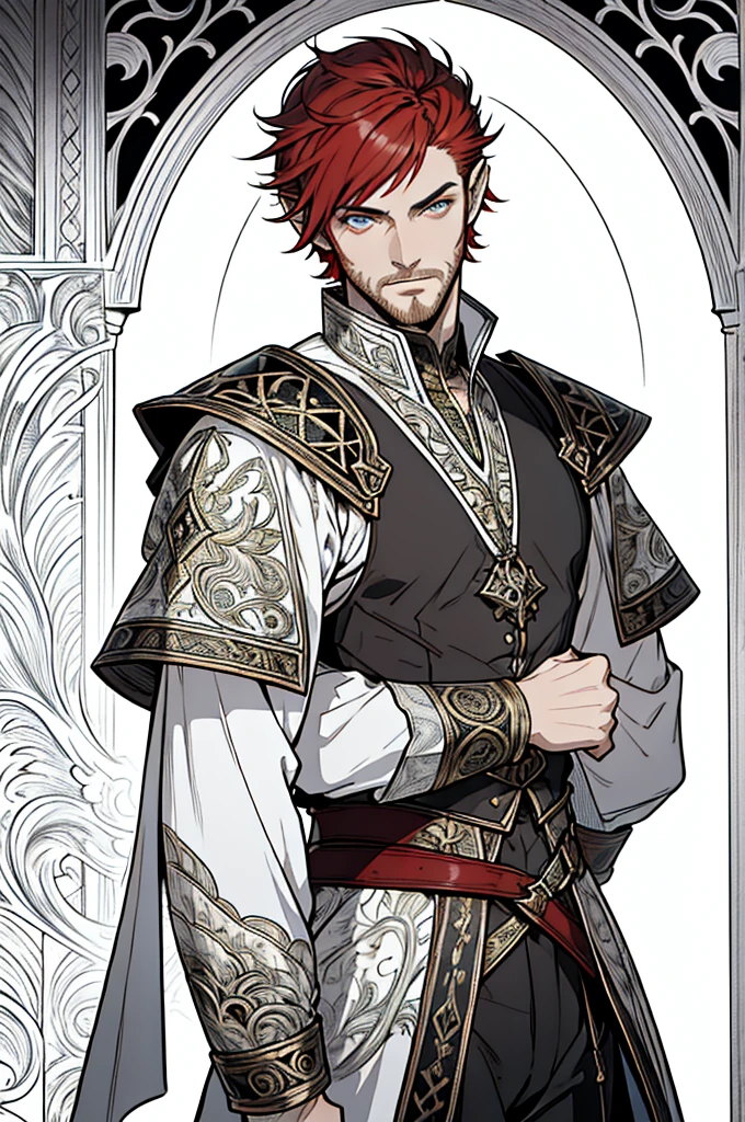 (masterpiece),(Very detailed),(Very detailed),(best quality), lineart, one man, fantasy character, short pointed ears, sillver eyes, ((short red hair)), ((portrait)) tall, stunning, fantasy, beautiful face, animated style, perfect face, highest detail, stubble, detailed face, clothes, intricate details, fantasy background, expressionless, solo,