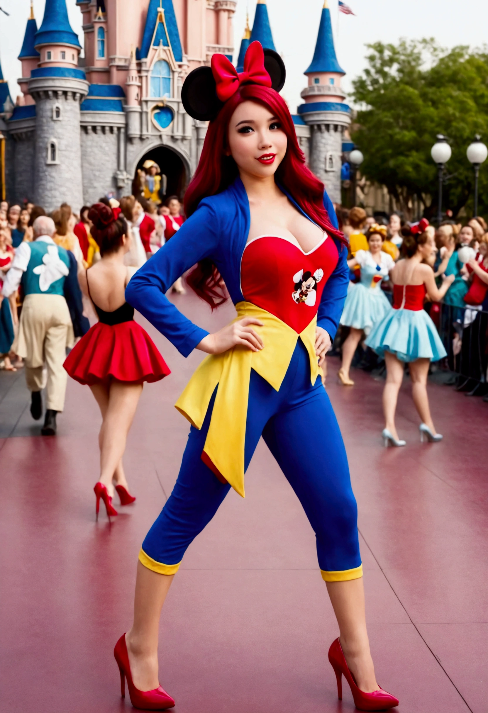 A cute woman (age 25, matching hair, disney character themed sexy outfit) is doing a disney themed fashion show, glamorous poses in the spotlight on the run way, show her full body