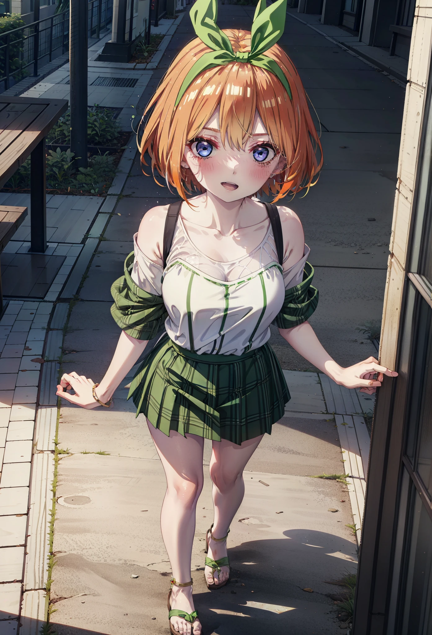 Yotsubanakano, Fourth floor Nakano, bangs, short hair, blue eyes, Hair between the eyes, hair ribbon, hair band, Orange Hair, (Green ribbon:1.5), smile, Open your mouth,blush,Cold Shoulder Shirt,Short sleeve,mini skirt,Heeled Sandals,Walking,True Summer,Clear skies,Daytime,Palm tree,whole bodyがイラストに入るように,
break outdoors, tropical,Tropical,Shopping Street,Shopping mall,
break looking at viewer,whole body,
break (masterpiece:1.2), Highest quality, High resolution, unity 8k wallpaper, (figure:0.8), (Beautiful attention to detail:1.6), Highly detailed face, Perfect lighting, Highly detailed CG, (Perfect hands, Perfect Anatomy),