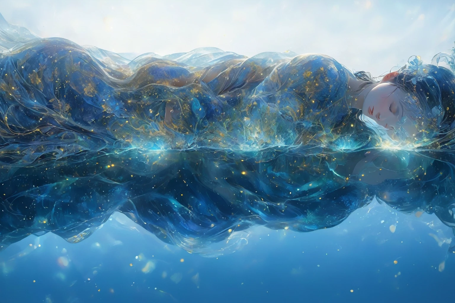 masterpiece,highest quality,ultra-detailed,high-definition background,8k,hi-res,high quality,BREAK,Imagine the Glass Lady, Her delicate figure is sculpted like a work of art, Crying in the Starry Sky. The blue night enveloped her, Casting a melancholic glow on her ethereal figure. Her glass Body Glows with bright blue hues, Every line and curve is carved with intricate detail. The glass in her eyes reflects the twinkling stars, Reflecting the infinite depth and emotion of the universe. Her grief is indescribable, But her beauty remains intact., Proof of the incredible power of emotions. This 4K glass woman is an exquisite picture of light and shadow, color, And emotions, arrival,Body Glow,Glowing Lines,fluorescence,A bright example,Tracking example,flash,萤Particles of light,Backlight,translucent,Particles of light,Correct human anatomy,