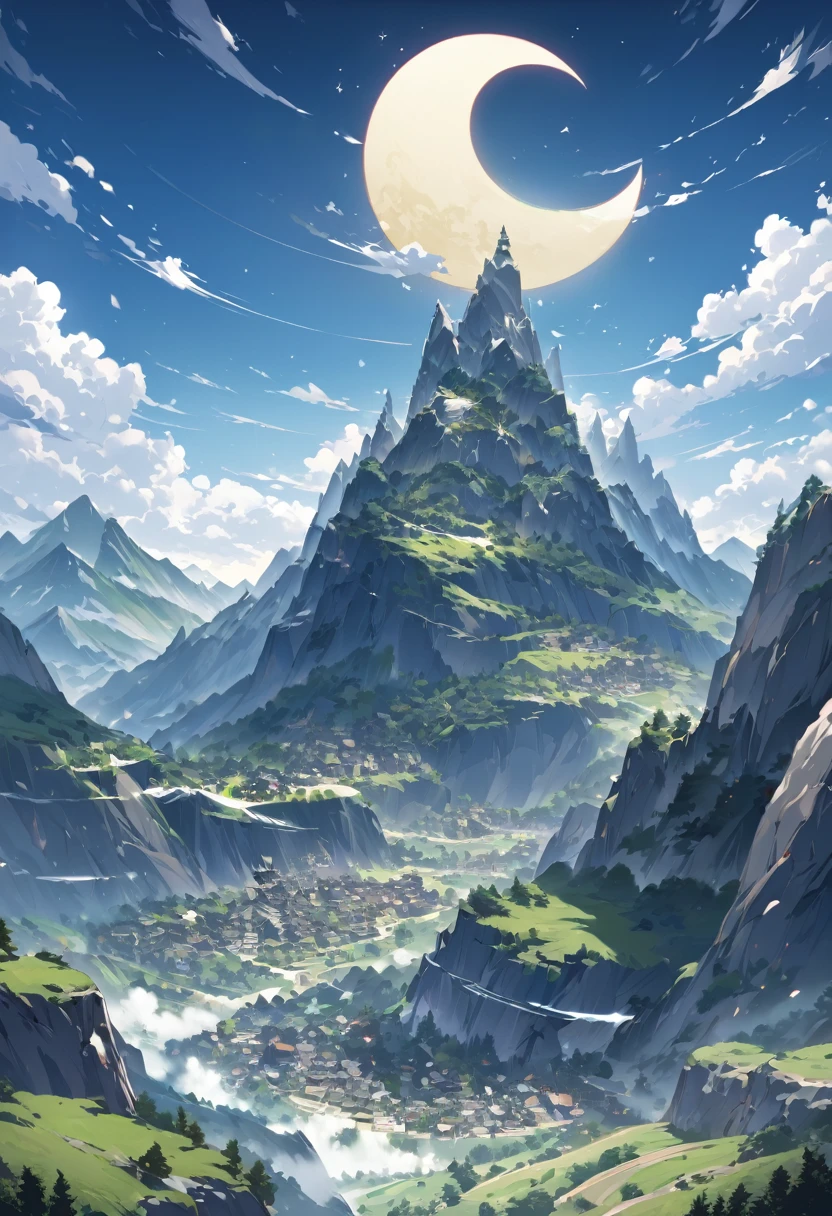 extremely clear 8K wallpaper, extremely beautiful and well-shaped scenery, absurdres, masterpiece,In a mountain village, there are many circular holes in the slope of a huge mountain that towers over the village., The slopes of other mountains are also carved into the shape of a crescent moon., Many mountains have strange shapes., A battle between the gods that took place in the distant past changed the shape of the mountain and created holes in it., A petrified goat god supports many dangerous mountains that could collapse at any time., The people living in the village believe in God.
