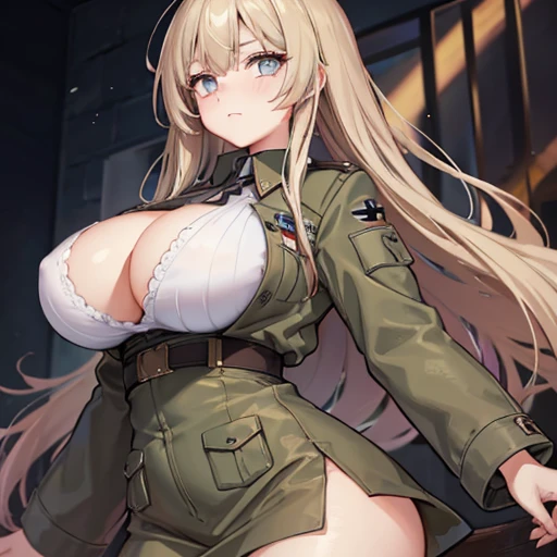 A girl who wears military clothes, brown heirs, gigantic , anime cartoon, german third reich, long heirs,((highest quality)), ((masterpiece)),details, bleu eyes