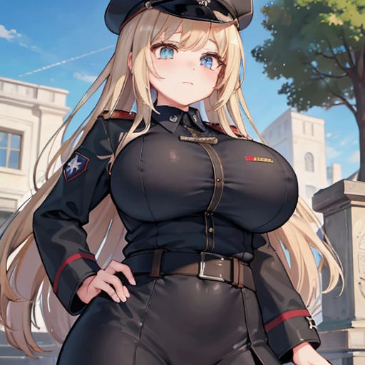 A girl who wears military clothes, brown heirs, gigantic breasts, anime cartoon, german third reich, long heirs,((highest quality)), ((masterpiece)),details, bleu eyes