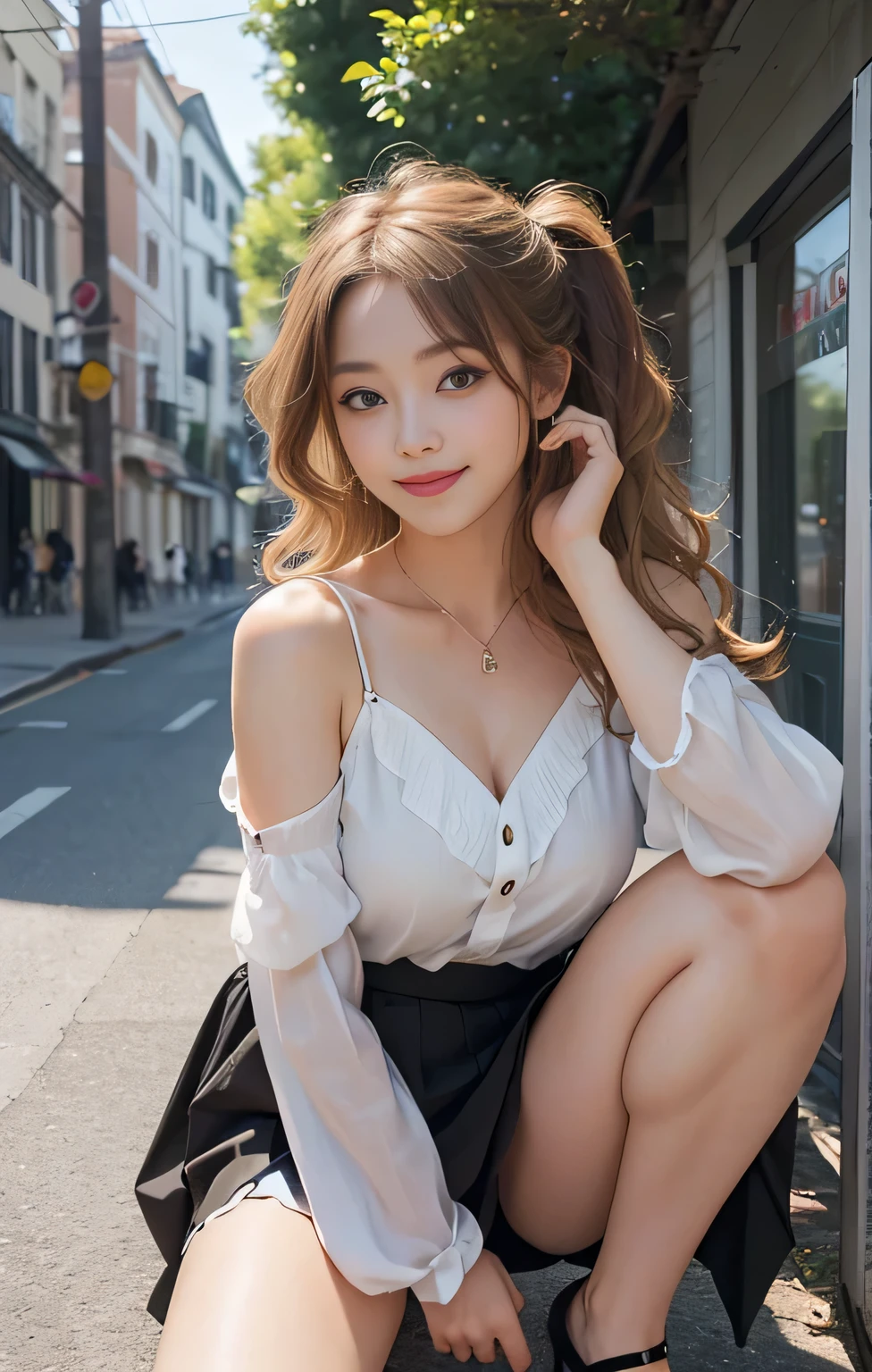 Highest quality、masterpiece、Ultra-high resolution、Realistic、RAW Photos、1 girl、Sexy Looks、Shoulder hair、The lower half of the body is curled up and wild...、Cute Smile like a model、frontage、Her hair color is blonde、Black OL tight mini skirt、Regular high heels、Double Eyes、Apply mascara、Cute pose like a model、Cute Face、Gorgeous as a model、Ultimate beauty、Cute Smile、Bright smile、Masseter region、Highest quality、Take a walk on the street、let me'Very cute sexy girl、Absolute area、