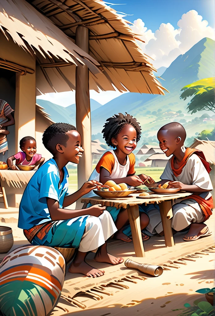 Ultra Realistic, Highly Defined Details, African tribal Family, African children, Sitting in a Village Hut, Sitting on the flower eating, Bone earrings, Crimson Decor, Sunlight to Capturing the Mode, Young Adult African Male Villager, With His Young Brothers Sisters, sitting on the ground, eating food, Laughing, playing and smiling, In the Village, Mountains behind the Village, side view walking, side perspective, sitting at the dinner table,