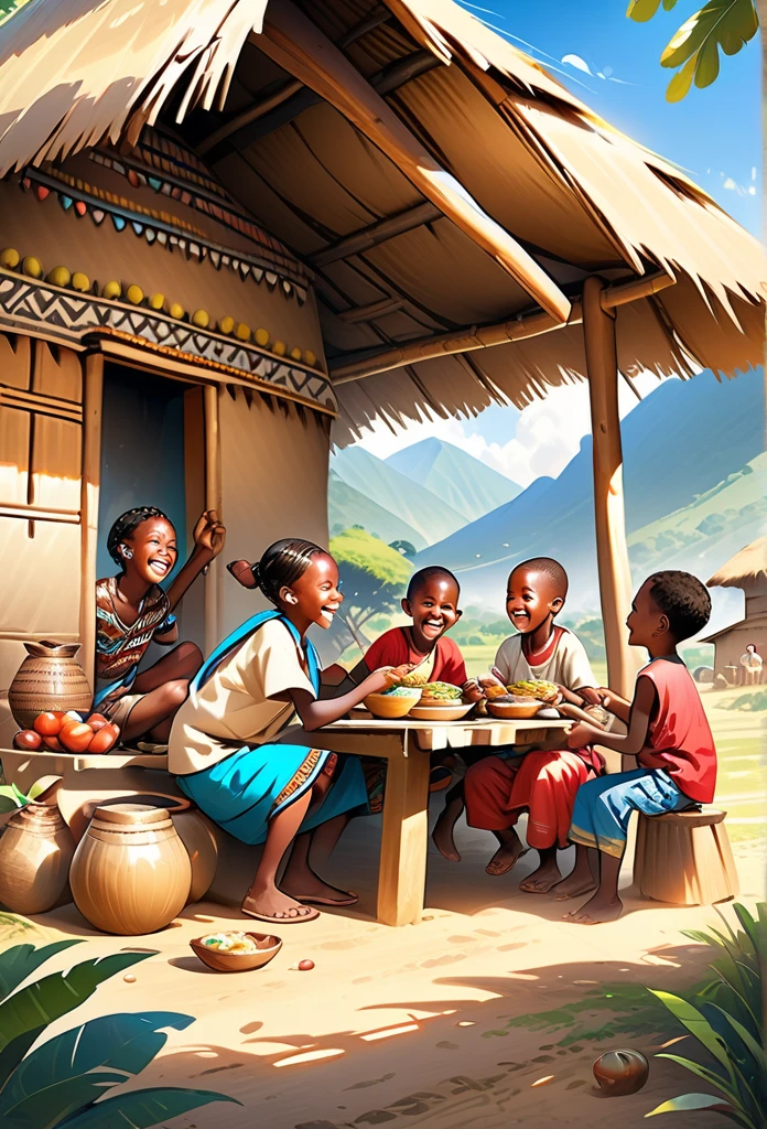 Ultra Realistic, Highly Defined Details, African tribal Family, African children, Sitting in a Village Hut, Sitting on the flower eating, Bone earrings, Crimson Decor, Sunlight to Capturing the Mode, Young Adult African Male Villager, With His Young Brothers Sisters, sitting on the ground, eating food, Laughing, playing and smiling, In the Village, Mountains behind the Village, side view walking, side perspective, sitting at the dinner table, 