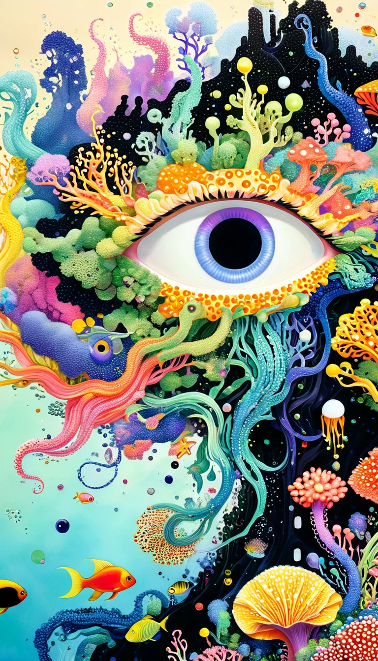 Broto art style,Strong visual fusion of multiple elements,来自Star的艺术家,Colorful black,Dopamine color scheme,house、Eye、pearl珠帘、Plerogyra sinuosa、Soft coral、pearl、Star、Schools of colorful fish、Spore powder、Tentacles,Describing the inner world of autistic people,密集Pointillism method。Smooth lines。interesting,Strange illustration。Pointillism method。Strong contrast。Award-winning works。