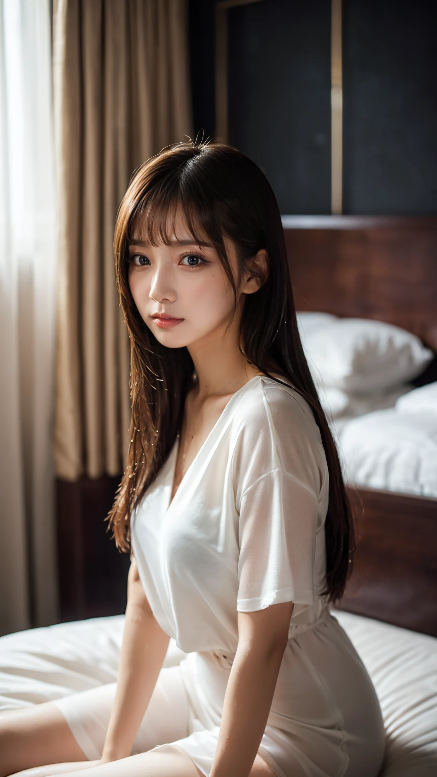 ((masterpiece, Highest quality)),Best aesthetics,(One Girl:1.4),Dark room, Long Hair, On the hotel bed, Don't look at the audience, Focus Only, Brown eyes, bangs,smile,Wet Hair,(Big Tits),(alone:1.8),(Wet clothes:1.2),garter belt,(Wide legged pose:1.4),bikini tan,Black underwear,(on back:1.4),Show your armpits