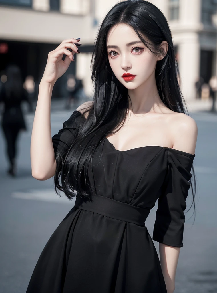 1girl, long black hair, straight hair, Bright red lipstick,big eyes,black eyes,looking at viewer, black dress
(masterpiece, best quality:1.4),(photorealistic:1.4)(realistic, photo-realistic:1.4),8k UHD,ultra high res,