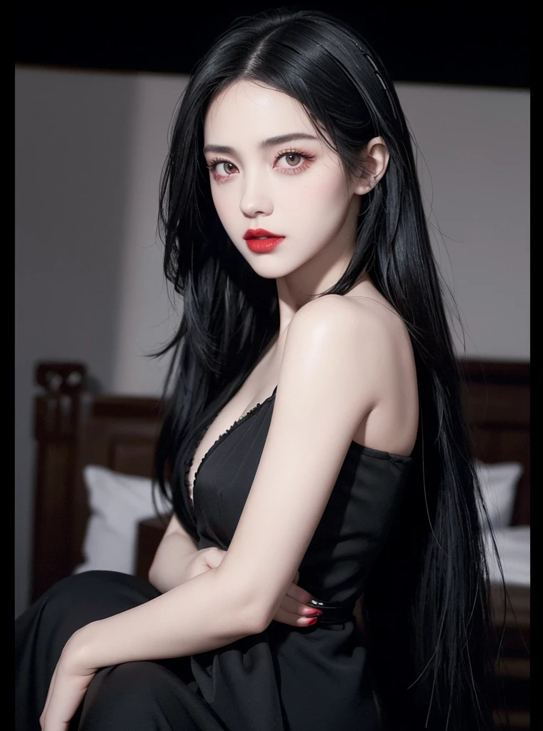 1girl, long black hair, straight hair, Bright red lipstick,big eyes,black eyes,looking at viewer, black dress
(masterpiece, best quality:1.4),(photorealistic:1.4)(realistic, photo-realistic:1.4),8k UHD,ultra high res,