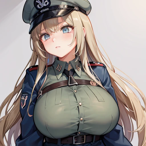 A girl who wears military clothes, brown heirs, gigantic breasts, anime cartoon, german third reich, long heirs,((highest quality)), ((masterpiece)),details, bleu eyes