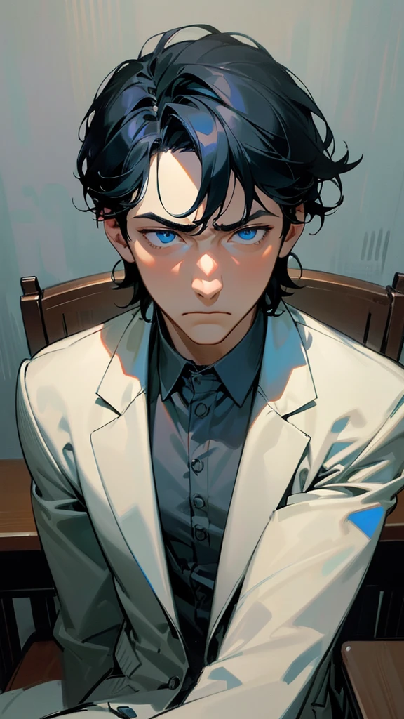 Masterpiece, high quality, best quality, beautiful, HD, realistic, perfect lighting, detailed face, detailed body, 1 man, black hair, blue eyes, masculinity, suit , (dull expression: 1.5) (face natural: 1.5), sitting in the classroom