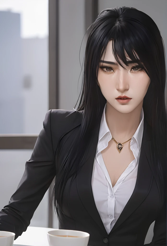 (masterpiece high quality, modern clothes) Arcane, caitlyn, black hair, 1girl, long hair, bangs, black attire, normal , messy hair, white top suit, black clothes, anime style character, highly detailed exquisite fanart, realistc anime
