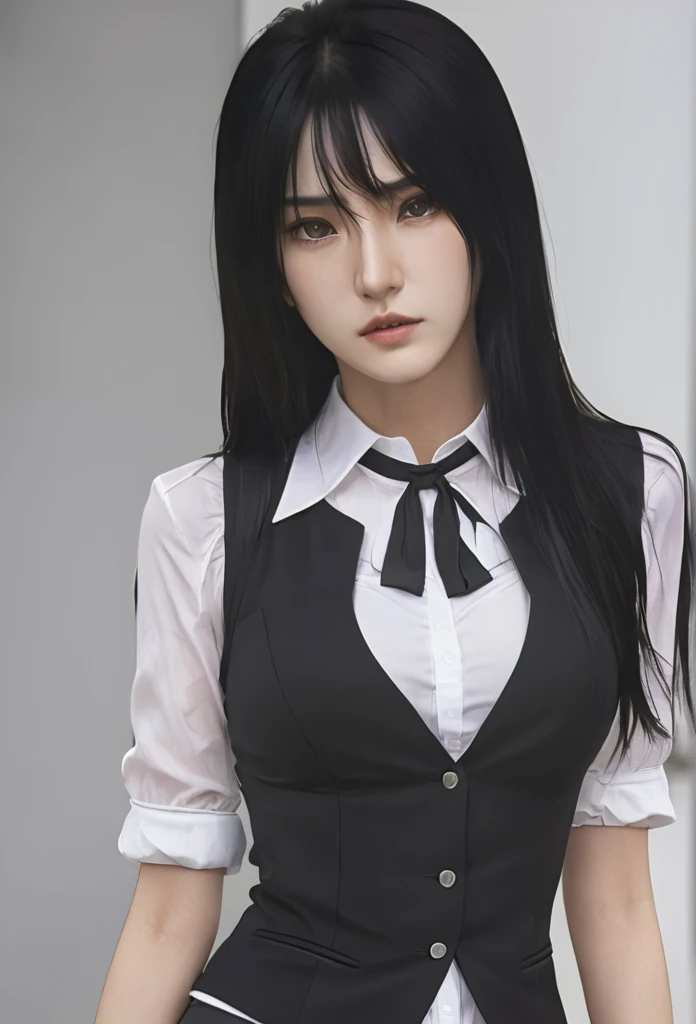 (masterpiece high quality, modern clothes) Arcane, caitlyn, black hair, 1girl, long hair, bangs, black attire, normal , messy hair, white top suit, black clothes, anime style character, highly detailed exquisite fanart, realistc anime
