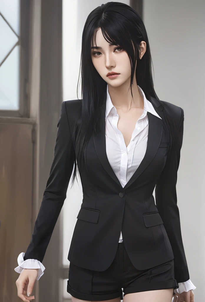 (masterpiece high quality, modern clothes) Arcane, caitlyn, black hair, 1girl, long hair, bangs, black attire, normal , messy hair, white top suit, black clothes, anime style character, highly detailed exquisite fanart, realistc anime
