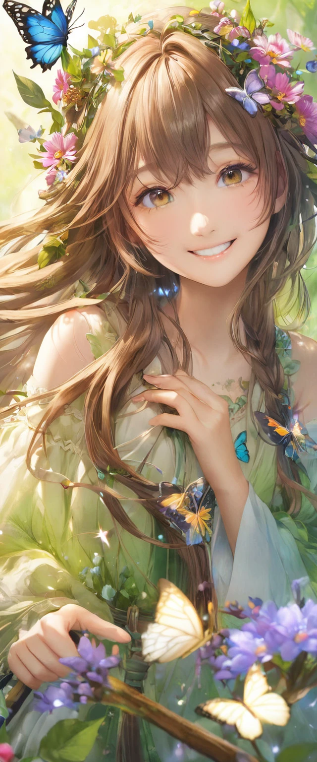 A girl, Dryad, Wood hair, Butterfly、petal、Smile