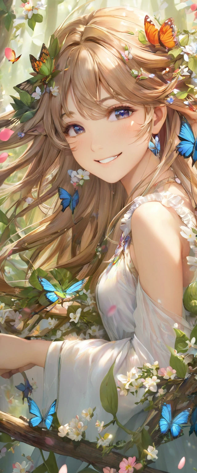 A girl, Dryad, Wood hair, Butterfly、petal、Smile